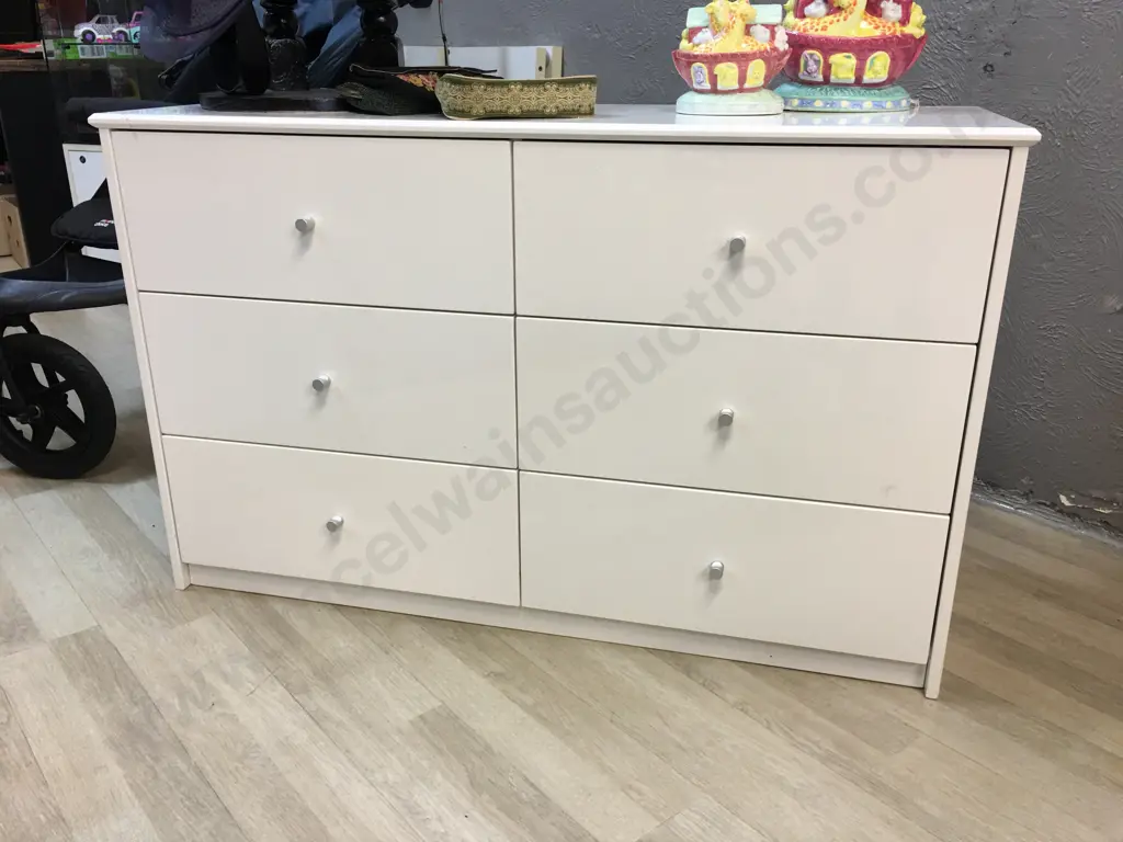 White Lacquered Six Drawer Lowboy With Silver Coloured Knobs H72,W114,D40cm. Image 1++